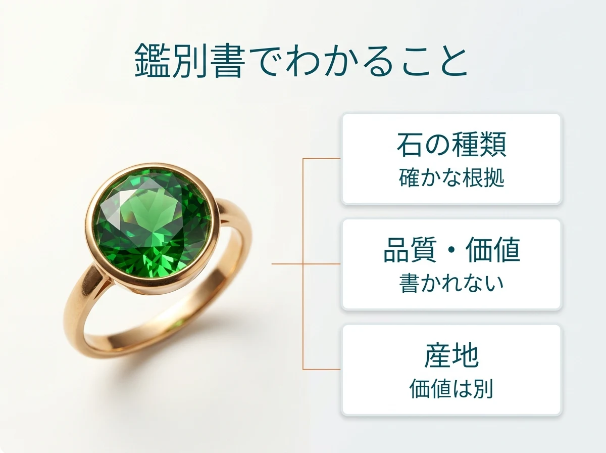 緑の石の指輪について、鑑別書でわかること(石の種類)・書かれないこと(品質や価値)・産地の扱いを並べた図