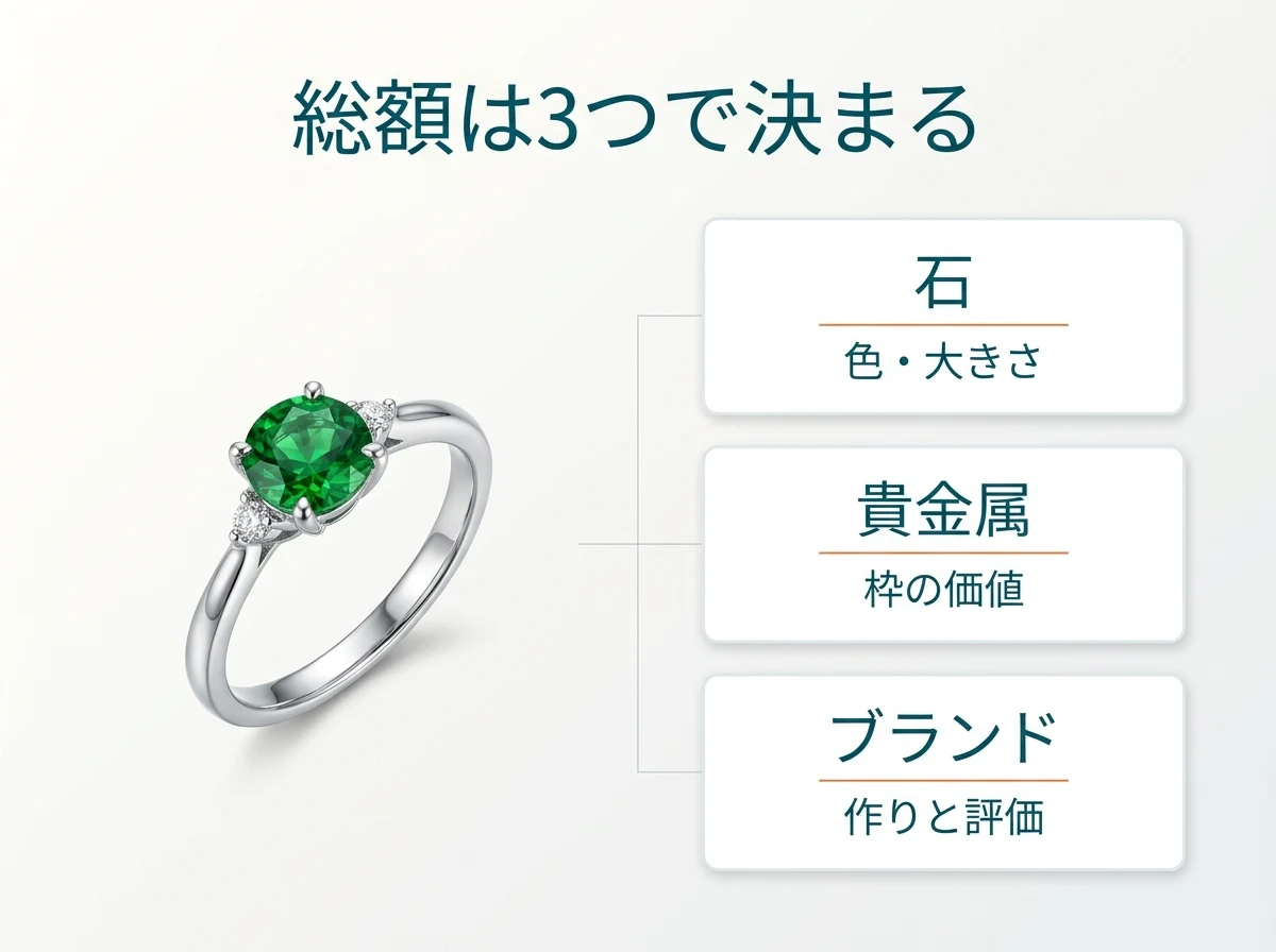 ツァボライトの指輪の総額が、石・貴金属・ブランドの3つで決まることを示した図