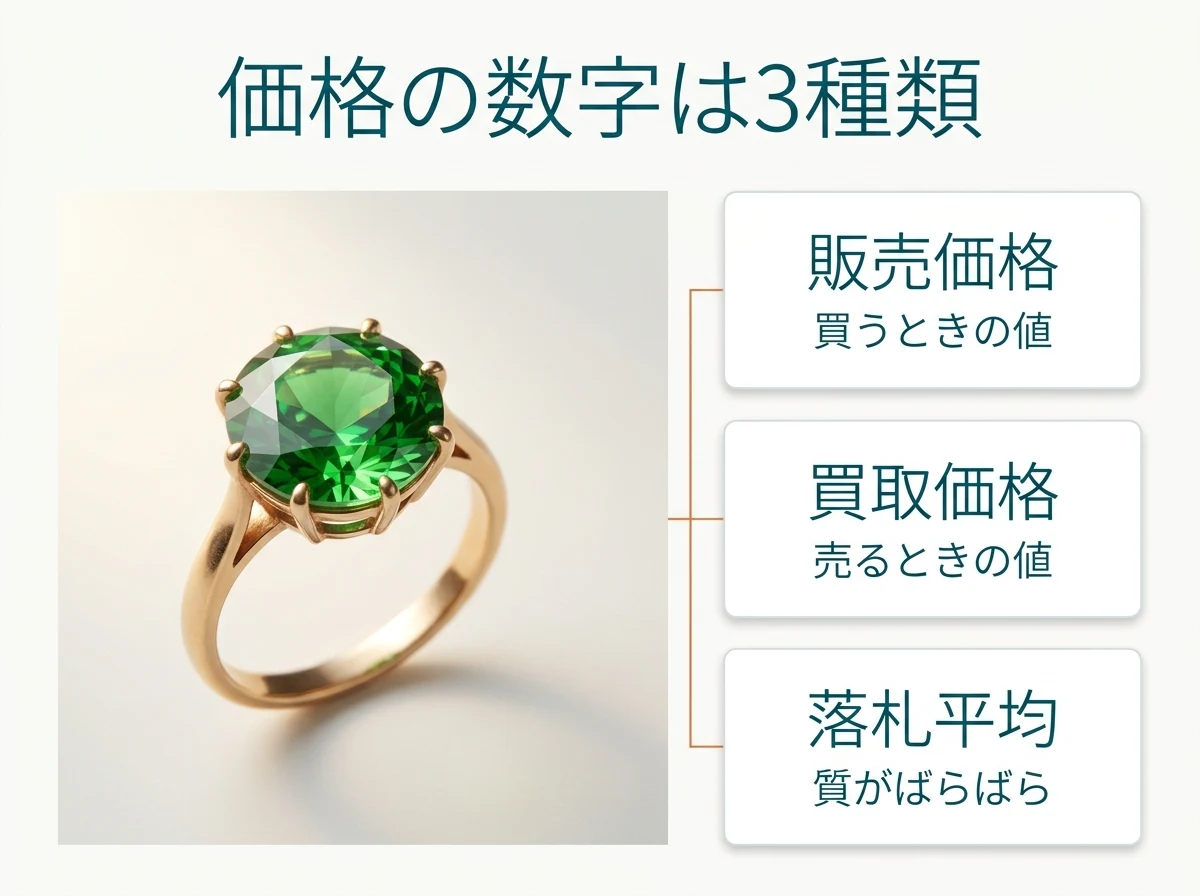 ネットの価格の数字が、販売価格・買取価格・落札平均という別々のものであることを示した図