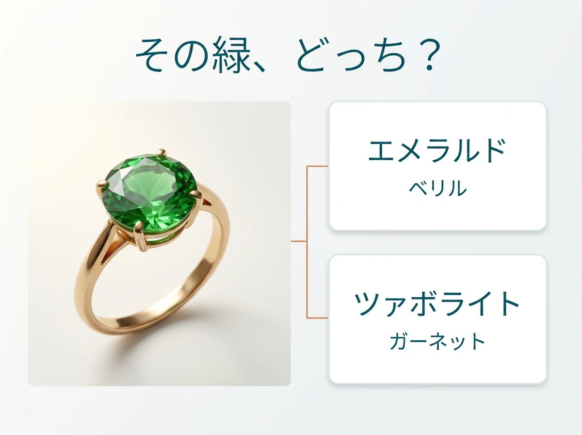 緑の石の指輪と、それがエメラルド(ベリル)かツァボライト(ガーネット)かの2つの可能性を示した図
