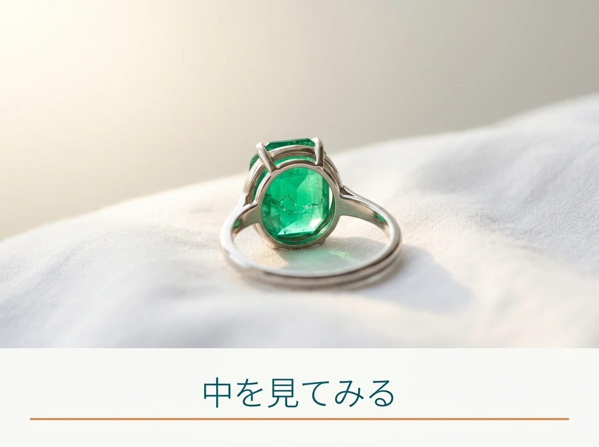 窓の光にかざして内部を眺める緑の石の指輪