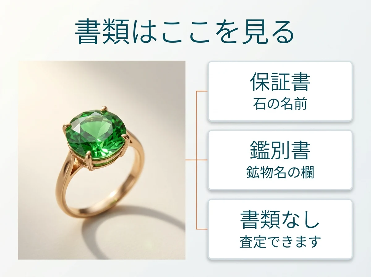 緑の石の指輪について、保証書がある場合・鑑別書がある場合・書類がない場合に見る場所を並べた図