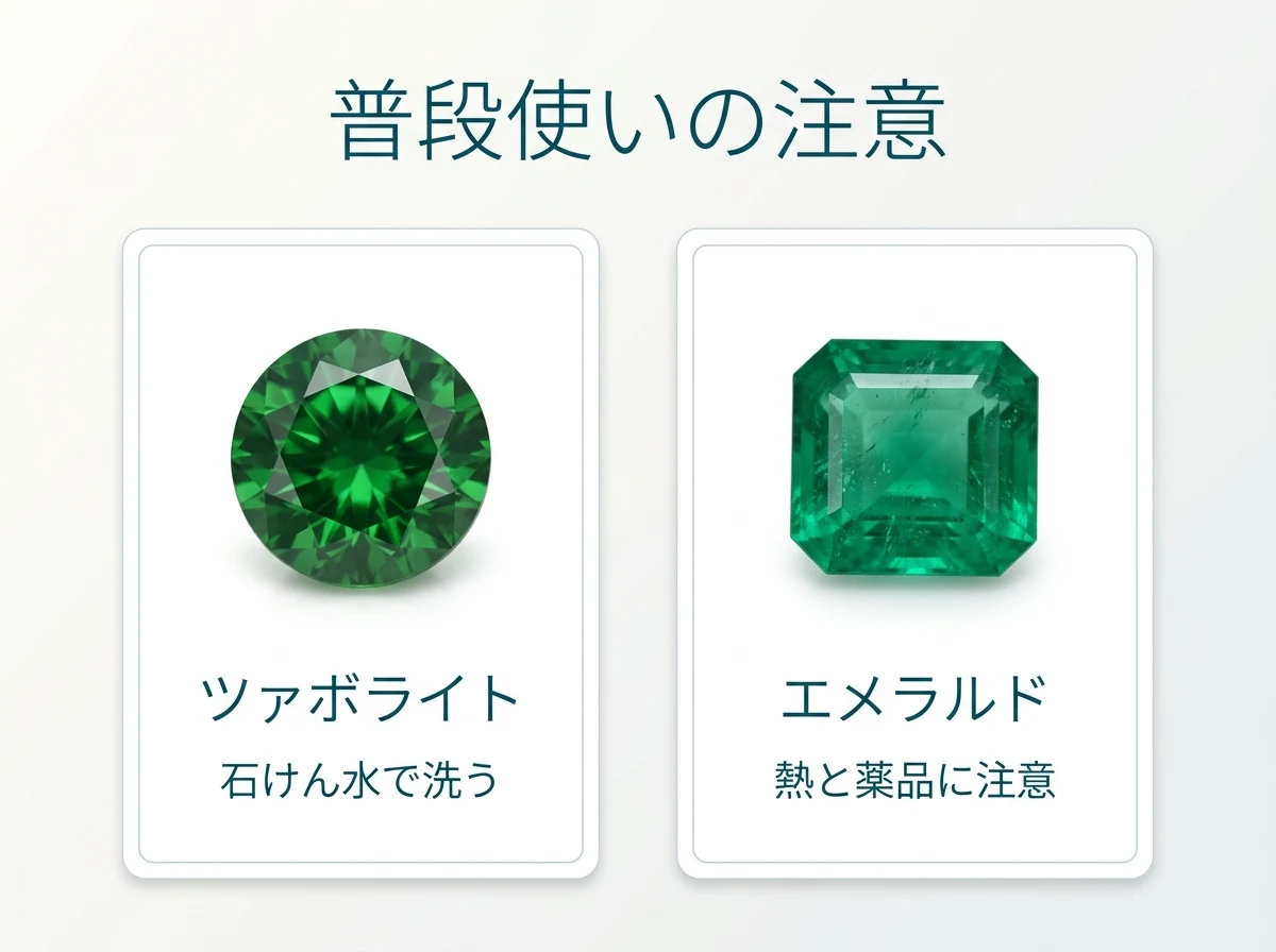 ツァボライトとエメラルドの普段使いの注意点を並べた比較図