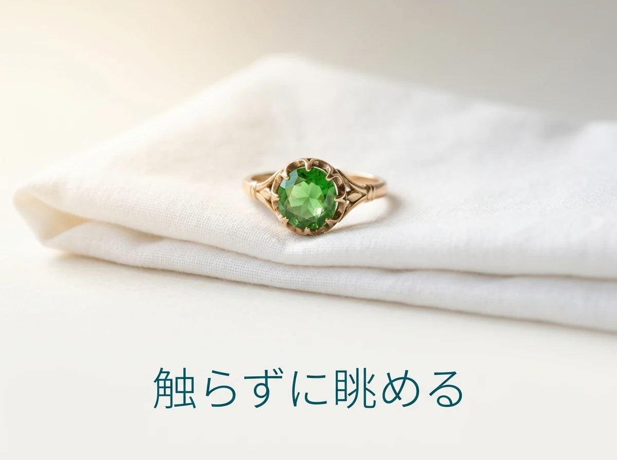 柔らかい布の上に置いたまま、触らずに眺める緑の石の指輪