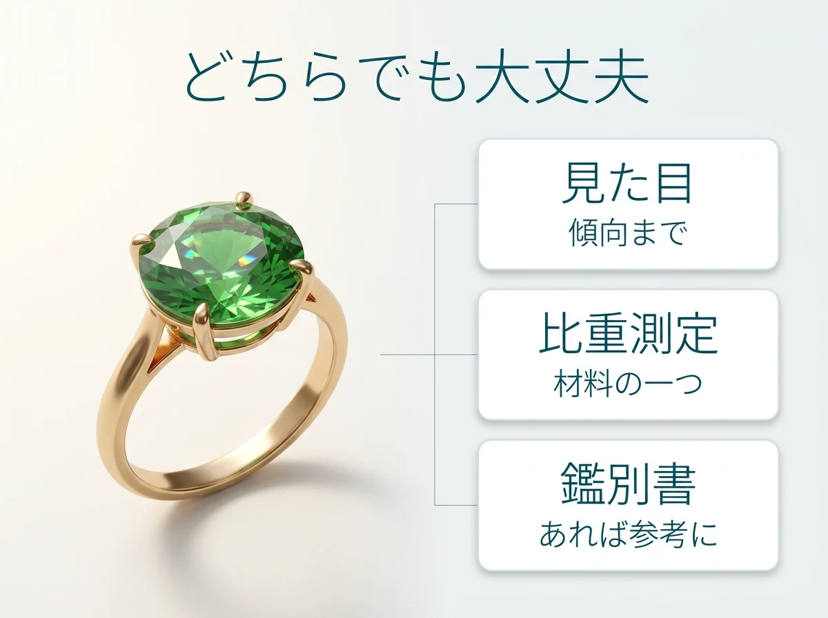 緑の石の指輪の査定で、見た目・比重測定・鑑別書がそれぞれどう扱われるかを示した図