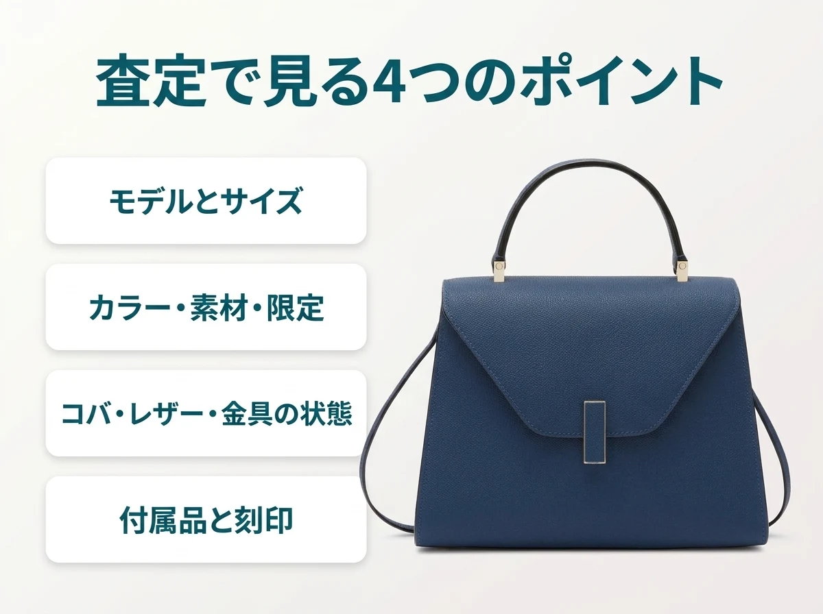 ヴァレクストラの査定で見る4つのポイント。モデルとサイズ、カラー・素材・限定、コバ・レザー・金具の状態、付属品と刻印