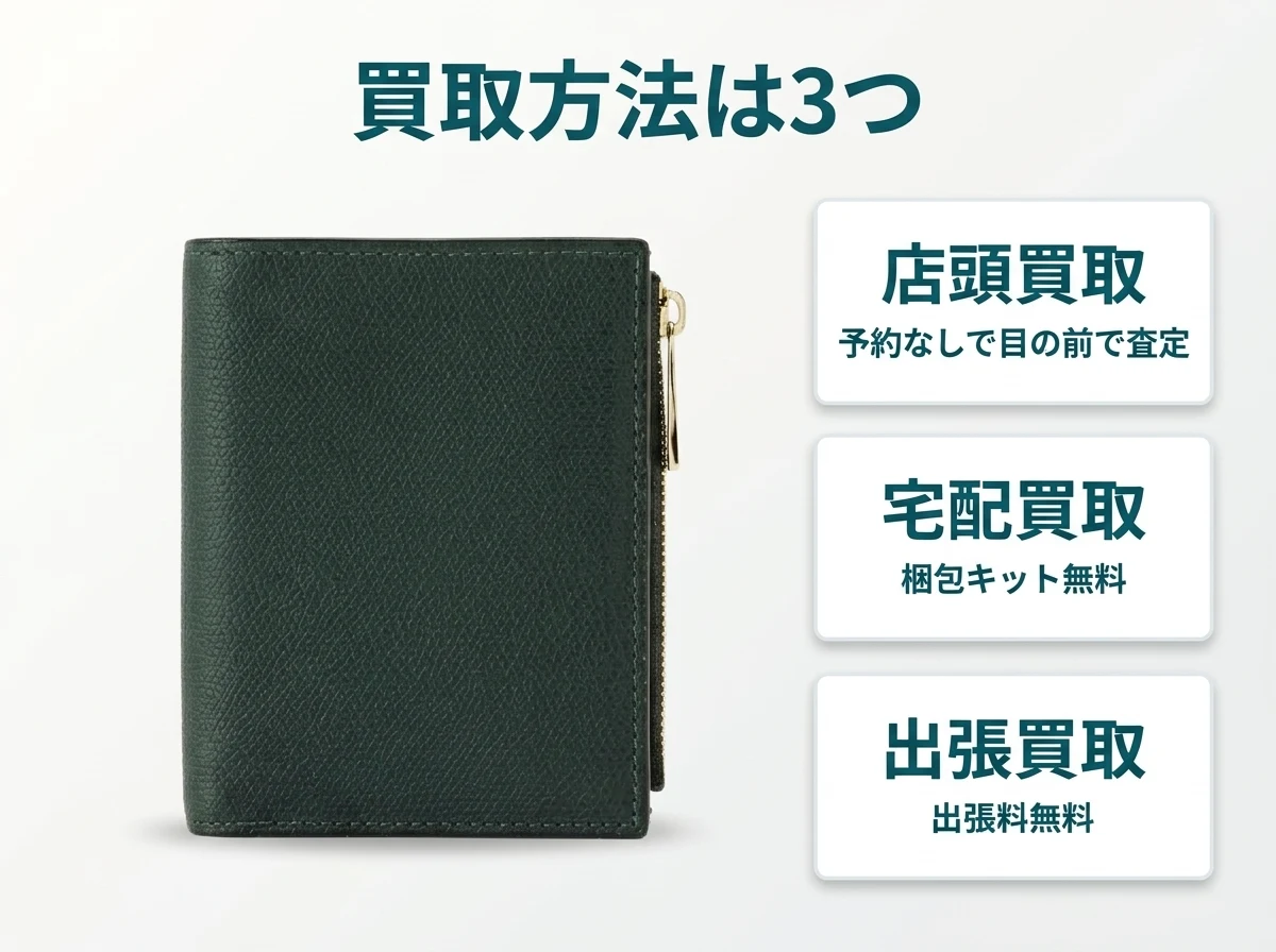 ヴァレクストラの買取方法は、店頭買取・宅配買取・出張買取の3つから選べます