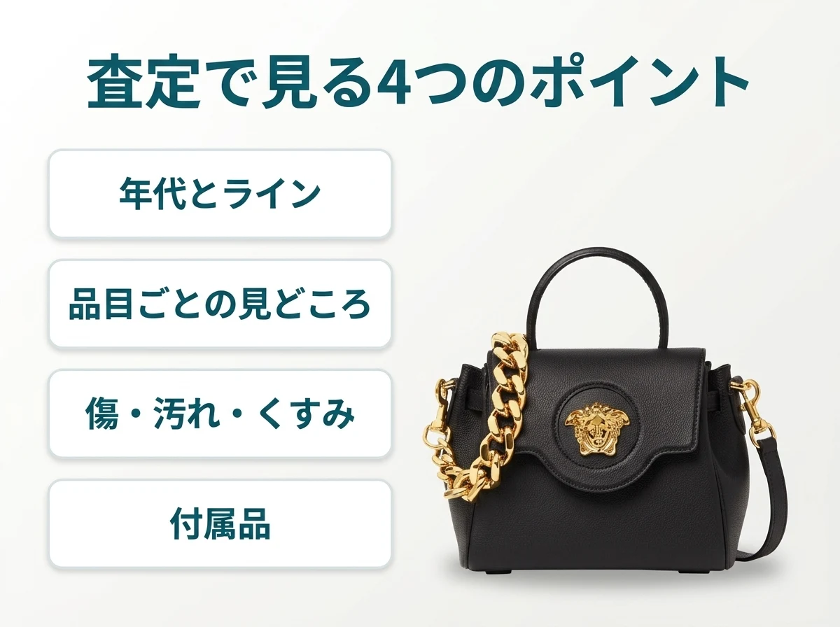 ヴェルサーチの査定で見る4つのポイント。年代とライン、品目ごとの見どころ、傷・汚れ・くすみ、付属品