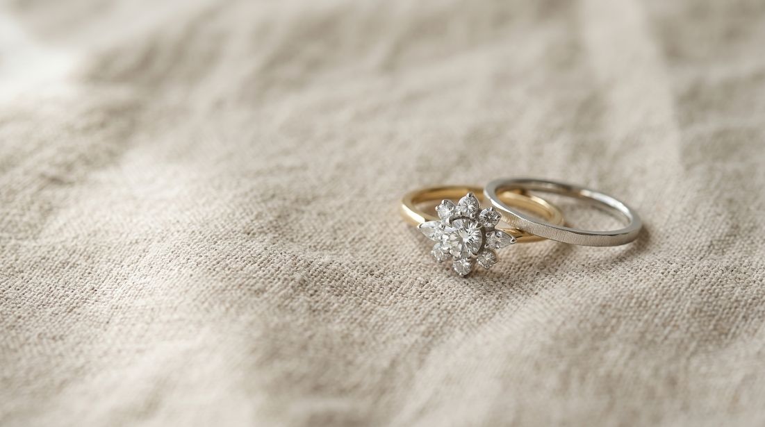 HANABISHI（花菱）の婚約指輪とSHIPPO（七宝文様）の結婚指輪を並べたセットリングのイメージ