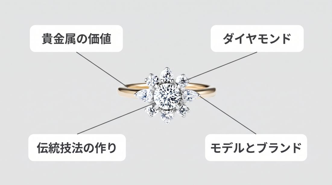 巴の査定で見る4つのポイント（貴金属の価値・ダイヤモンド・伝統技法の作り・モデルとブランド）を、花菱の婚約指輪のイメージとともに示した図
