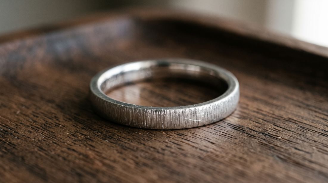 使用感のあるKINU（絹）の結婚指輪を木のトレーに置いたイメージ