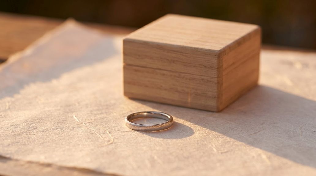和紙の上の桐箱の手前に置いたKINU（絹）の結婚指輪のイメージ