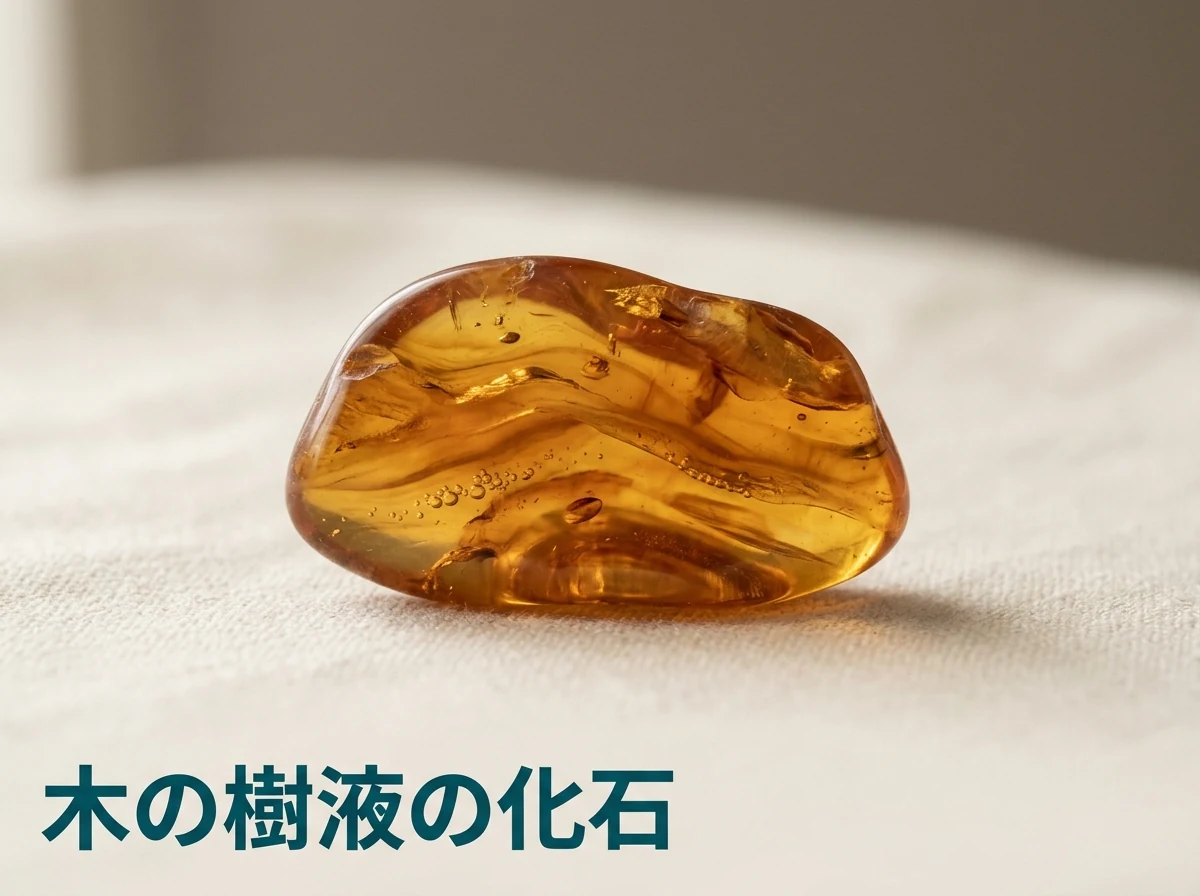 内部に流れるような筋と気泡が見える琥珀を寄って撮った写真