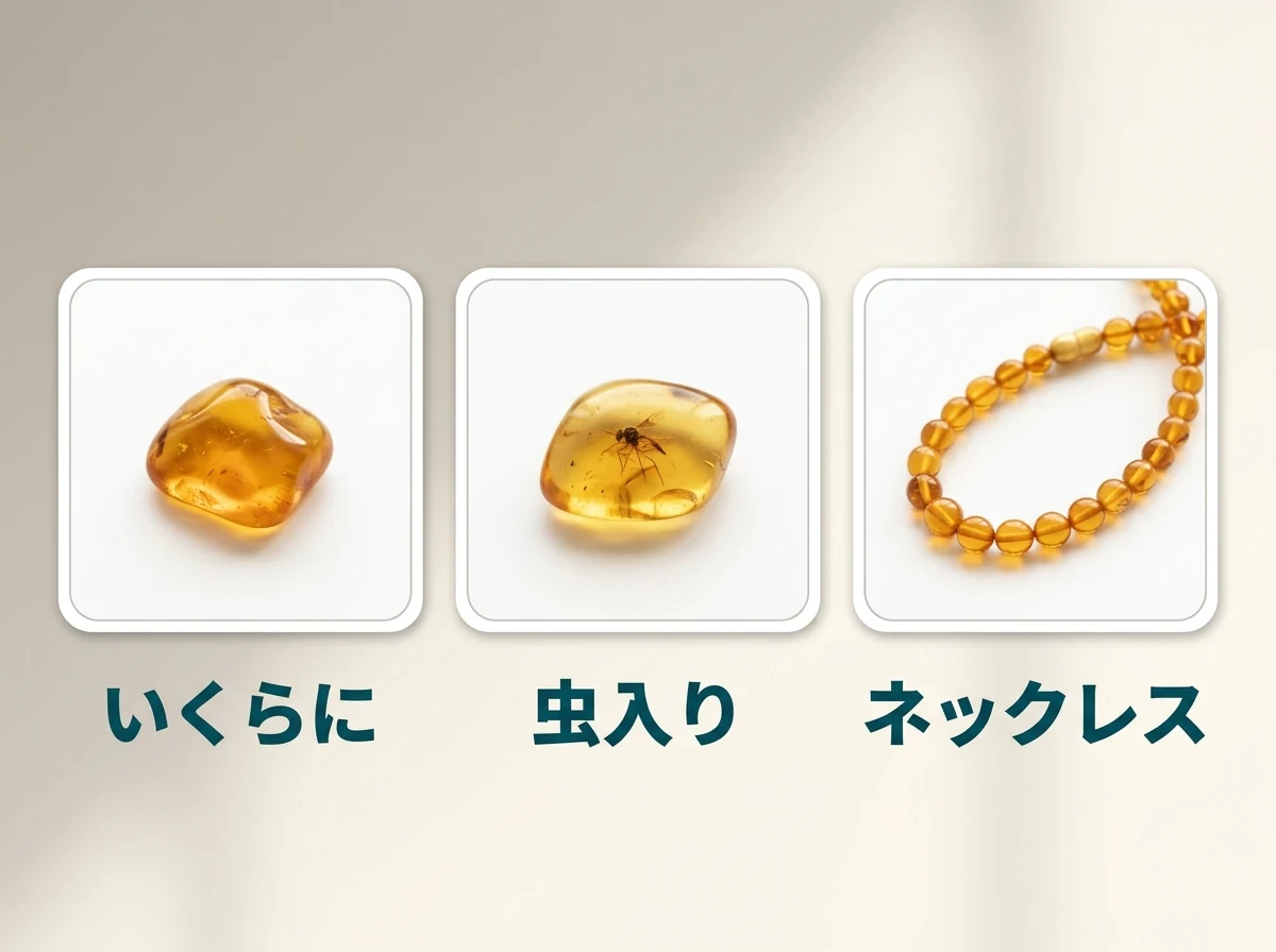 枠のない琥珀・虫の入った琥珀・琥珀のネックレスをカード3枚に分けた図
