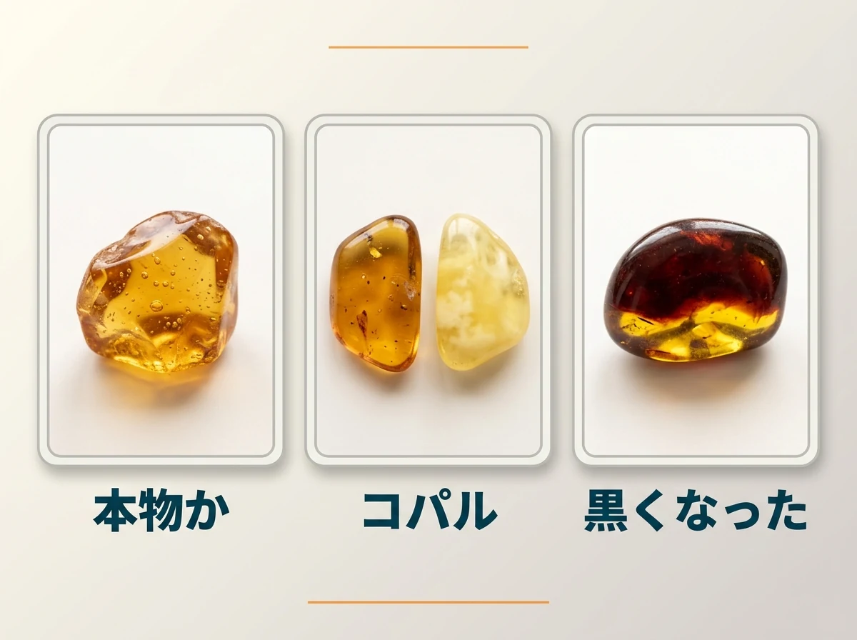 琥珀・2種類の樹脂・色が濃くなった琥珀をカード3枚に分けた図