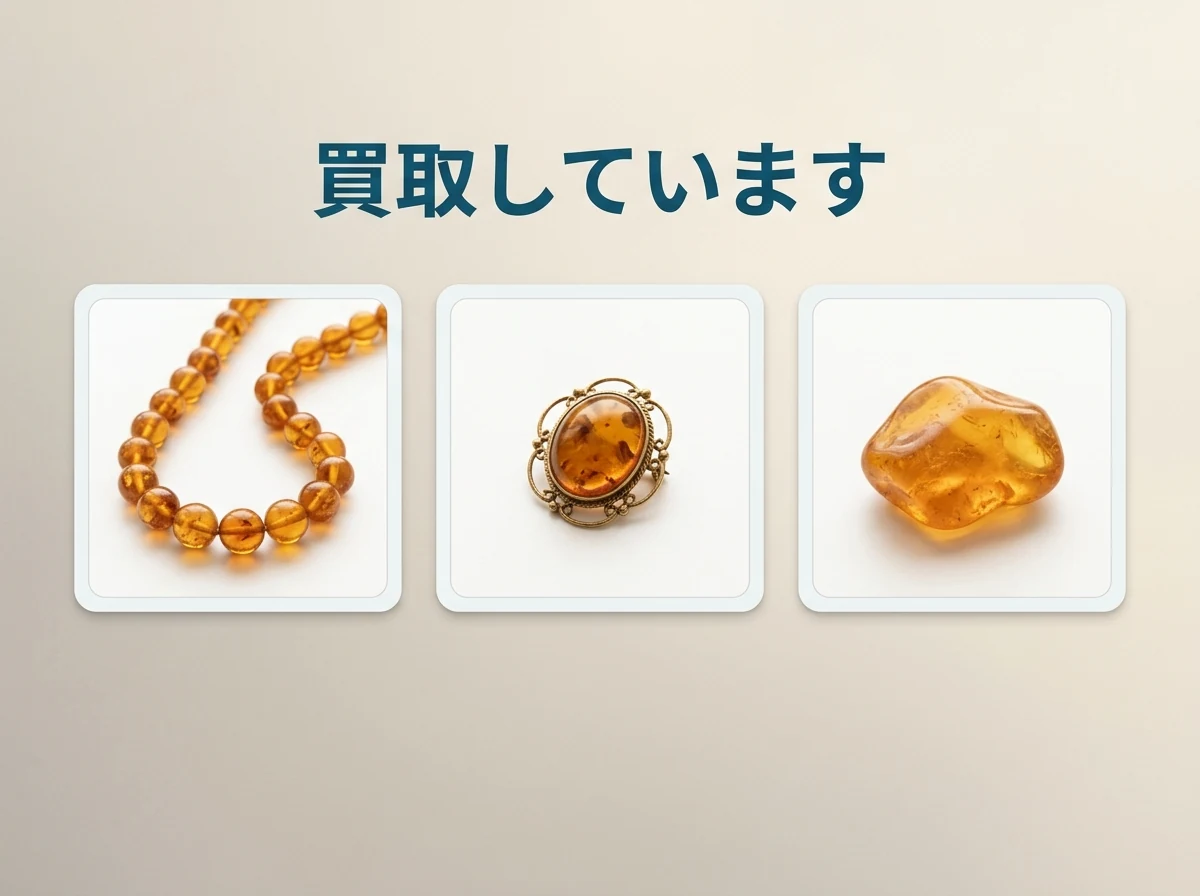 形の違う琥珀の品物3点をカードに分けて並べた図