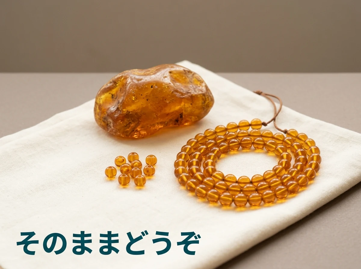 やわらかい布にのせた琥珀の品物を、持ってきたまま置いた写真