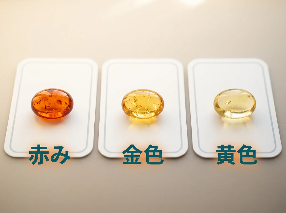 赤み・金色・黄色の3粒の琥珀を並べた図