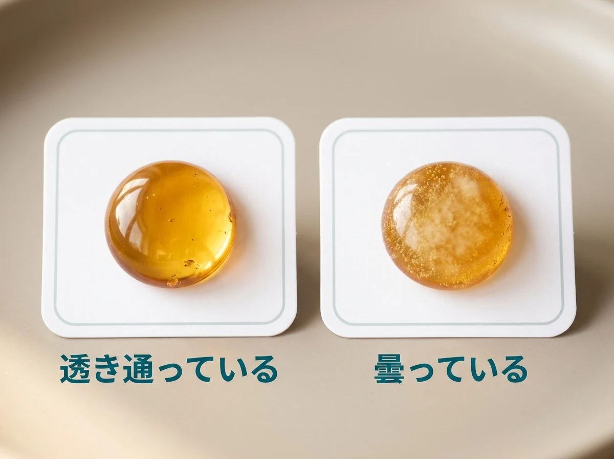 透き通った琥珀と、白っぽく曇った琥珀を並べた図