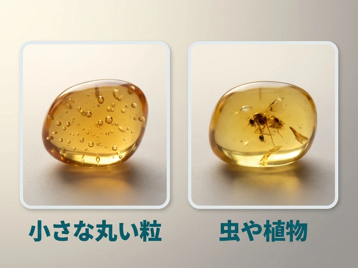 気泡が多数入った琥珀と、虫が入った琥珀を並べた図