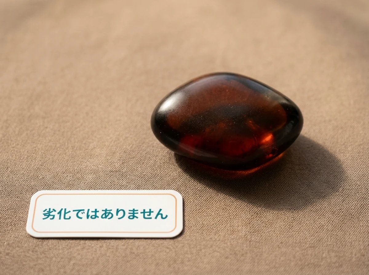 年月を経て濃い赤褐色に暗化した琥珀を布の上に置いた写真