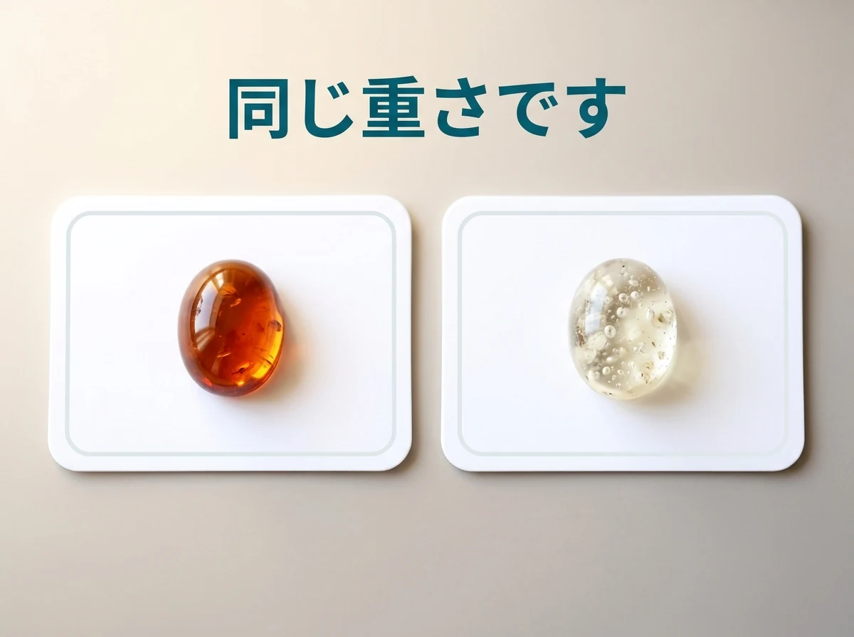 同じ大きさでも見た目がまったく違う2粒の琥珀を並べた図