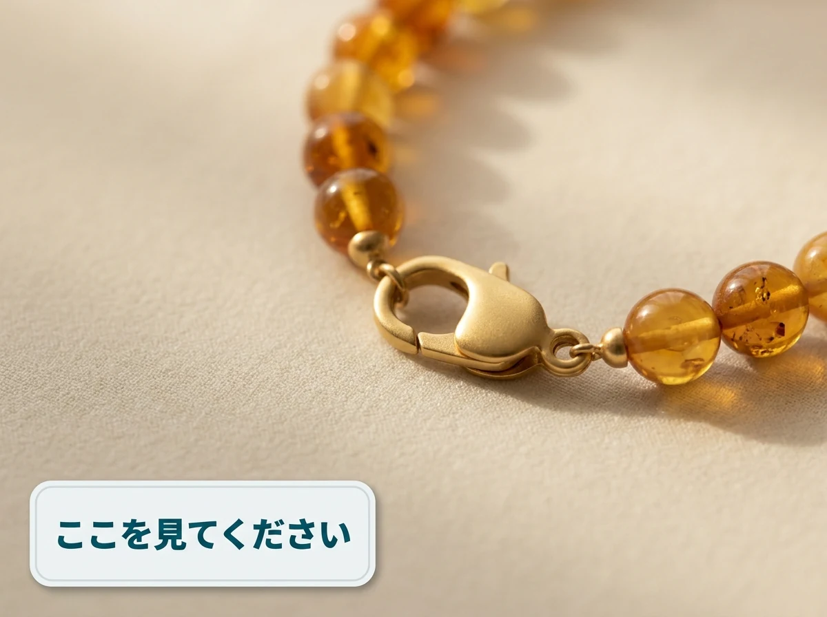 琥珀のネックレスの金色の留め具を寄って撮った写真