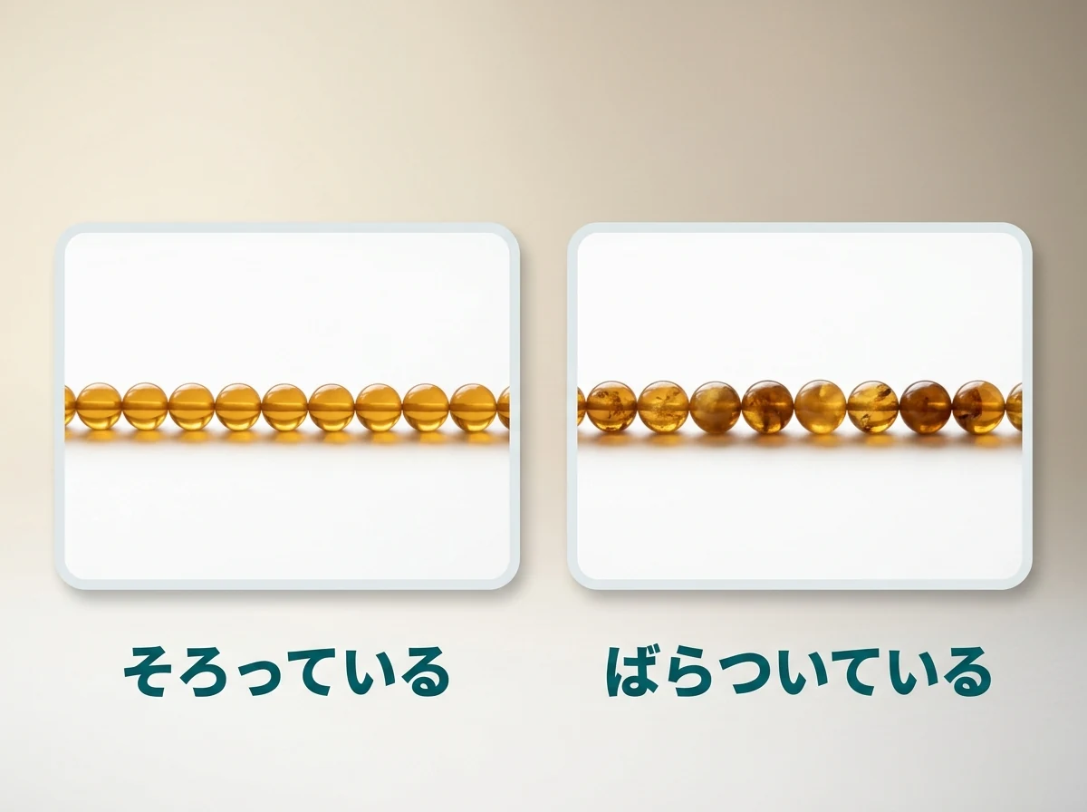 粒のそろった連と、粒ごとに色の違う連を並べた図