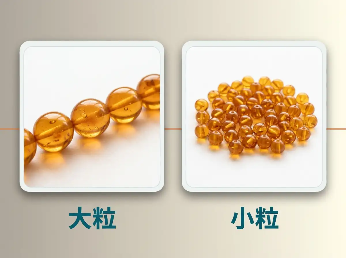 粒の大きさの違う2本の琥珀のネックレスを並べた図