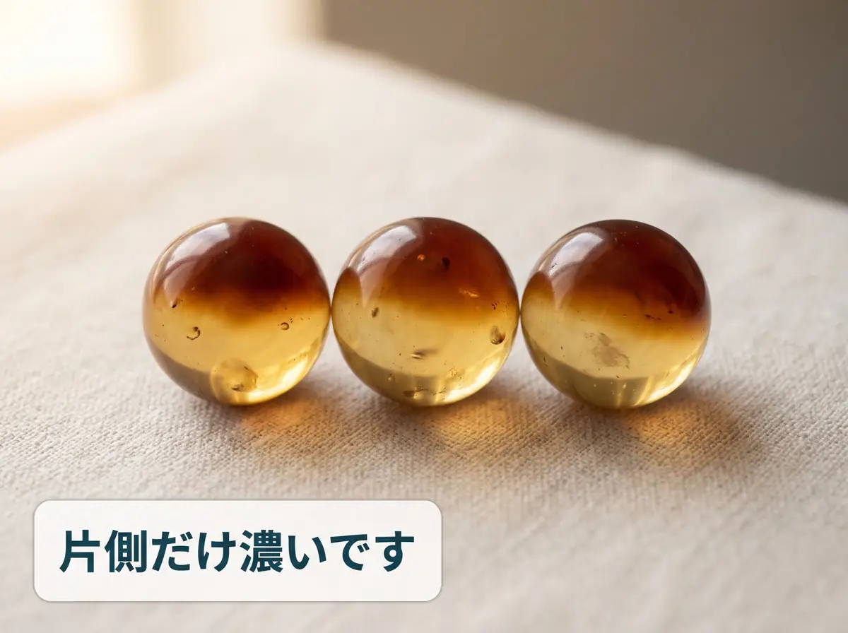 片側だけ色の濃くなった琥珀のビーズを寄って撮った写真