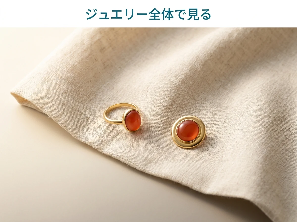 生成りの布の上に並べた、カーネリアンの指輪とブローチの写真