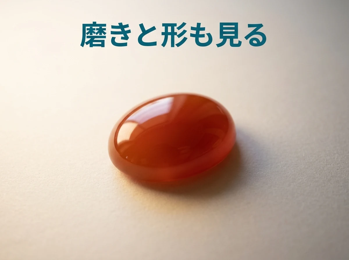 つやのある、形の整ったカーネリアンのカボションの写真