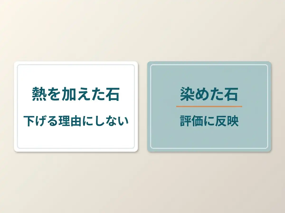 熱を加えた石は評価を下げる理由にしない、染めた石は評価に反映する、を左右に分けた図