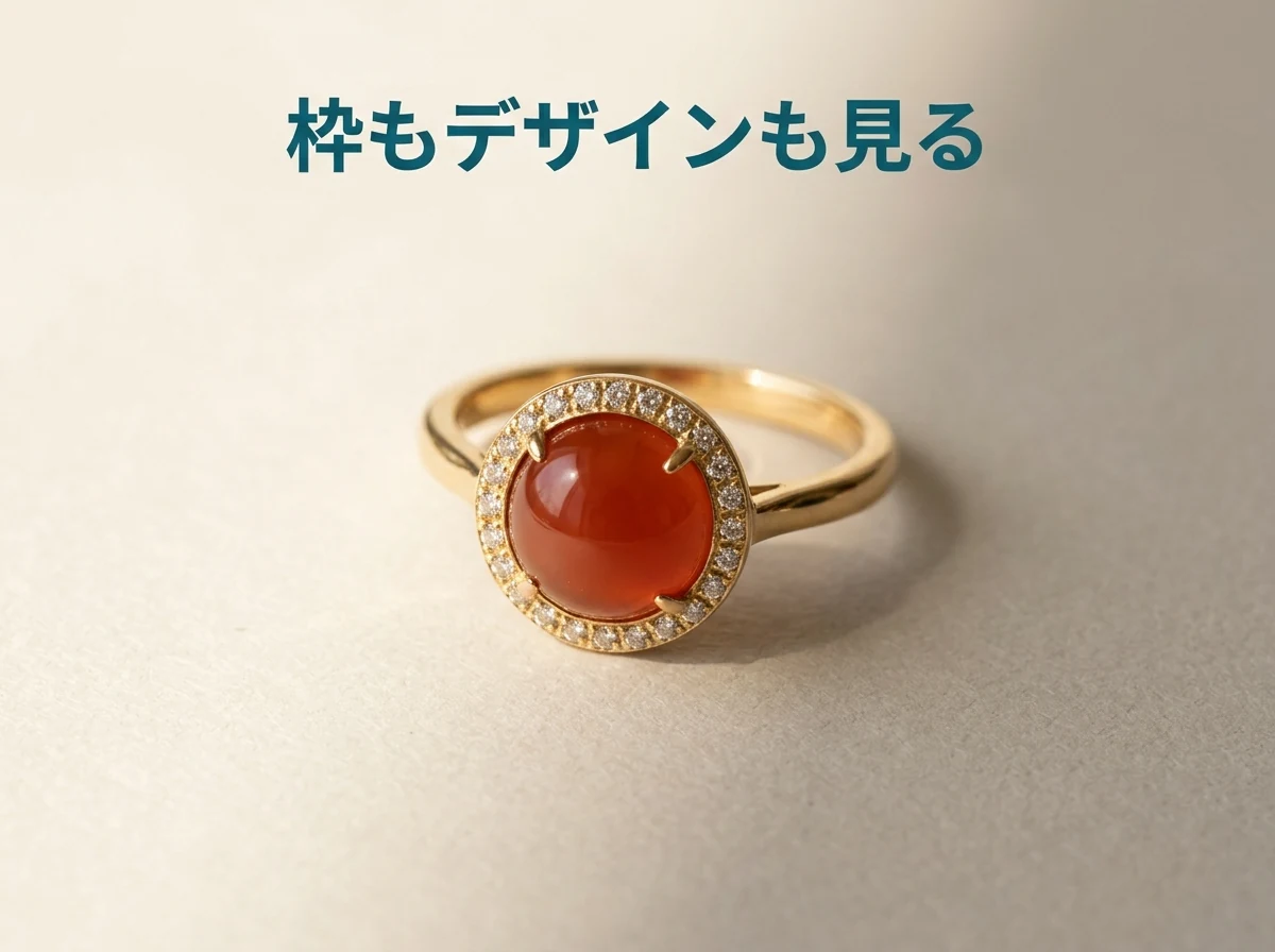 小さなダイヤモンドに囲まれたカーネリアンを留めたゴールドの指輪の写真