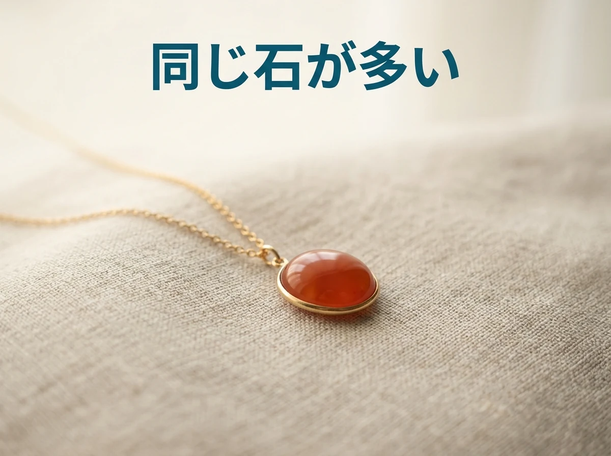 やわらかい布の上に置いた、赤みがかったオレンジ色のカーネリアンのペンダント
