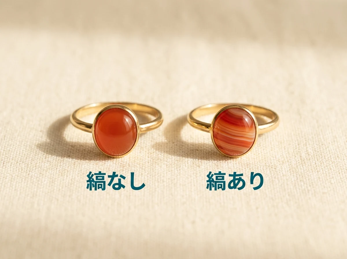 縞のないカーネリアンの指輪(左)と、縞模様のあるめのうの指輪(右)を並べた写真