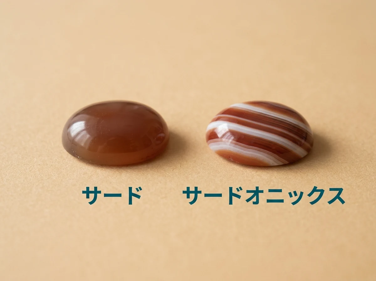 茶色みの強い赤のサード(左)と、赤と白の縞のサードオニックス(右)を並べた写真