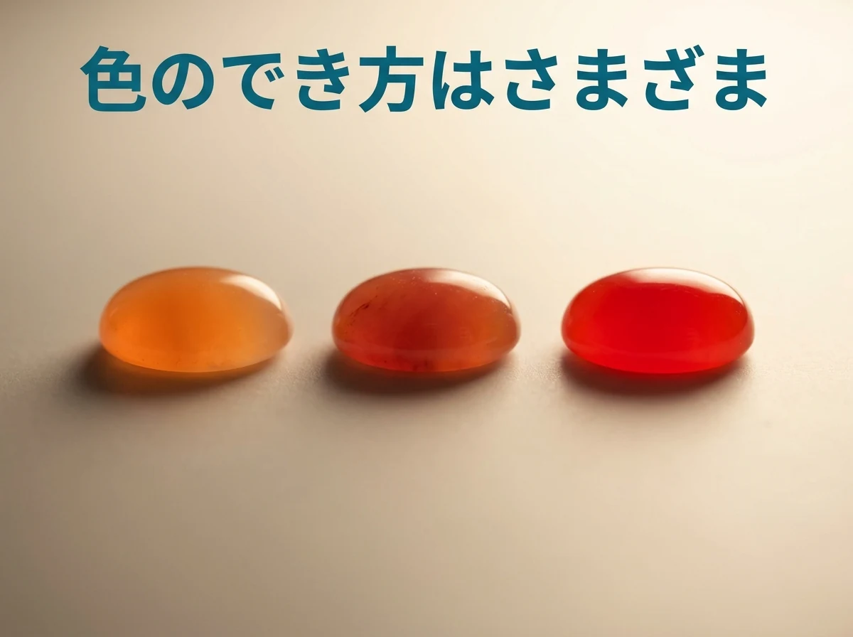 赤みの濃さが少しずつ違う、3つの赤いカボションを並べた写真