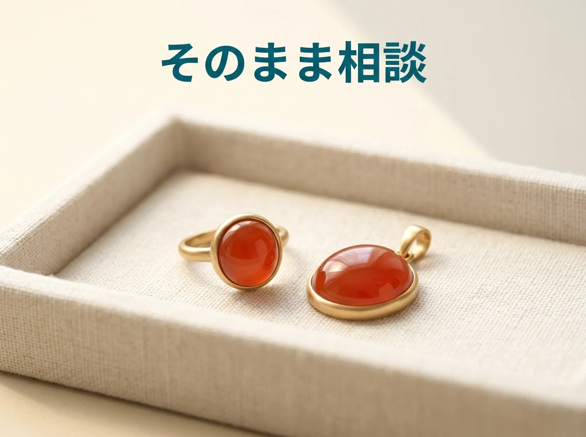 布張りの小さなトレーに並べた、赤みがかったオレンジ色の石の指輪とペンダント