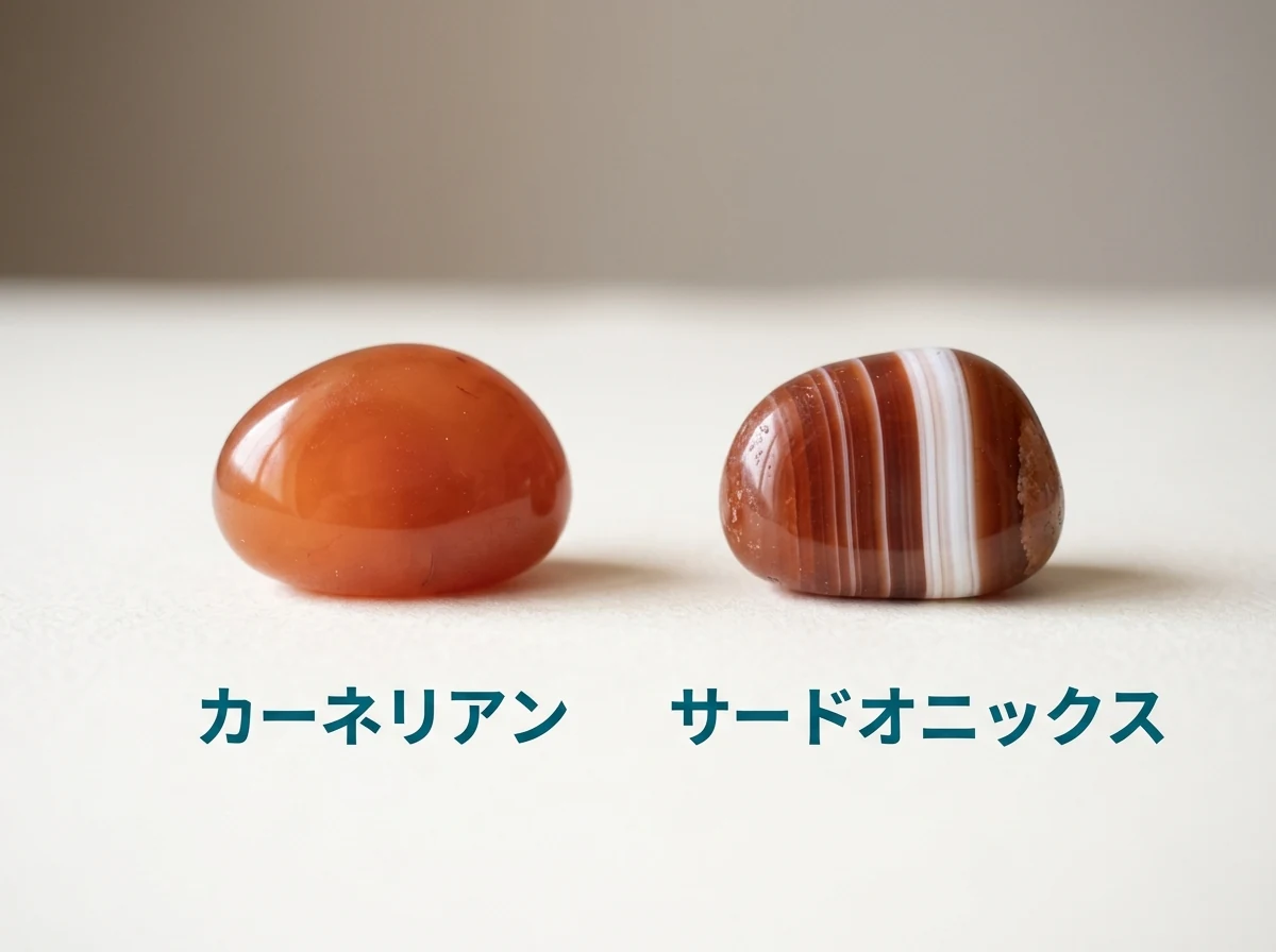 左にカーネリアン、右に赤茶色と白の縞が重なったサードオニックスを並べた写真