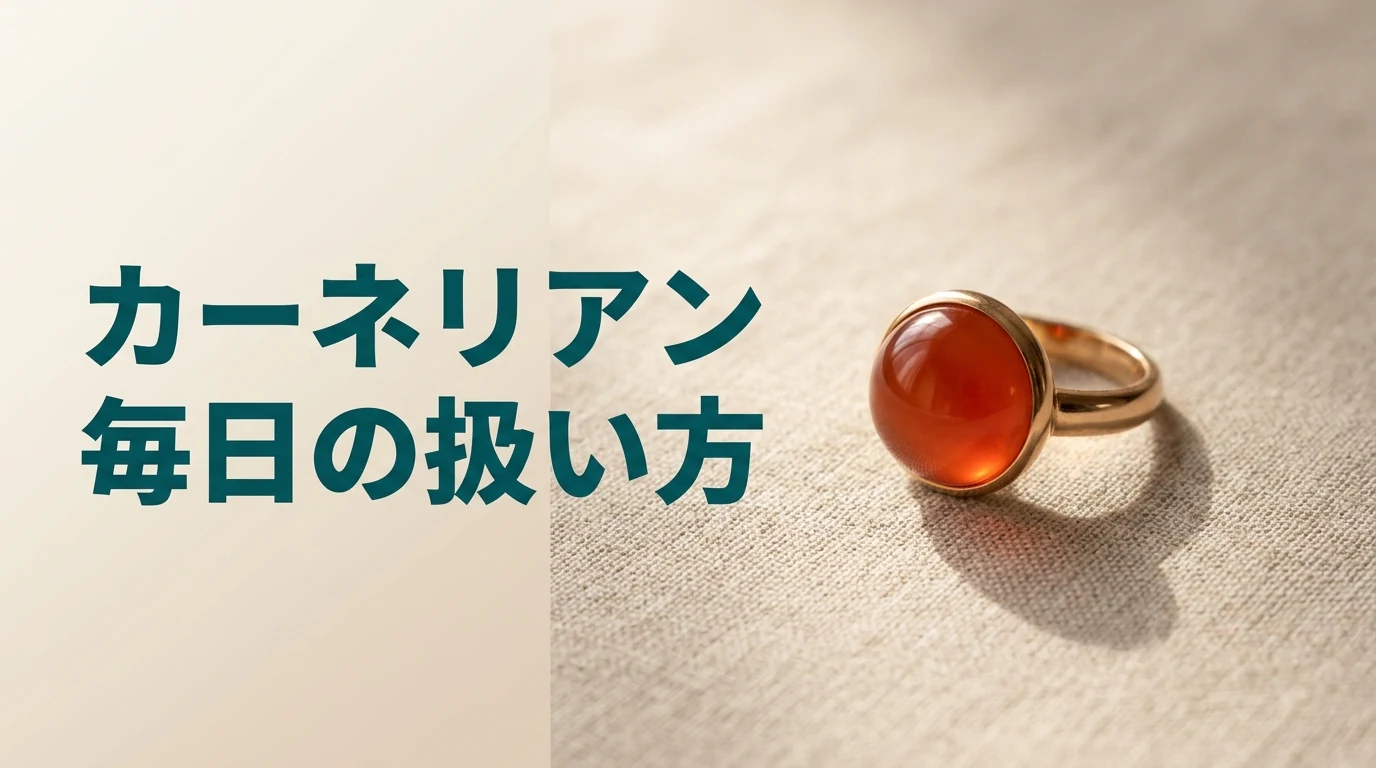やわらかいリネンの上に置いた、カーネリアンの指輪の写真