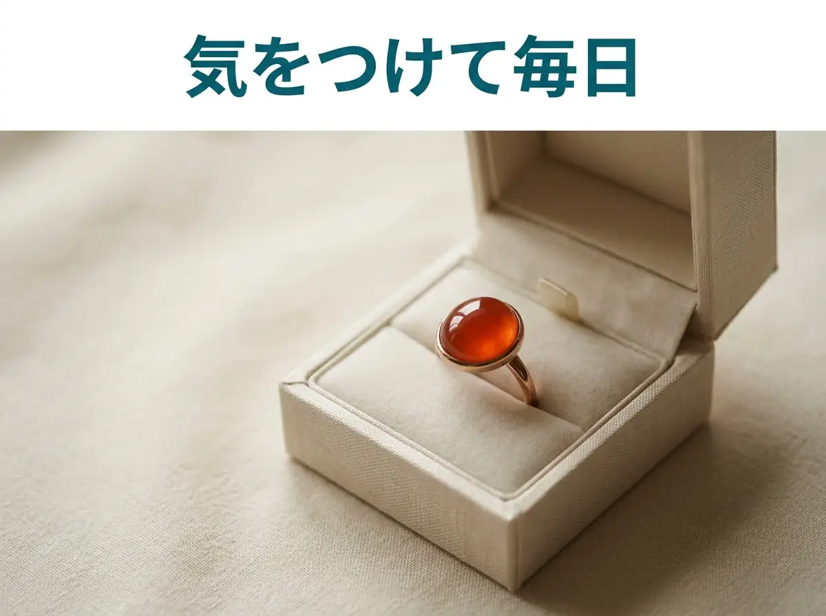 布張りの小さなジュエリーボックスの横に置いた、カーネリアンの指輪
