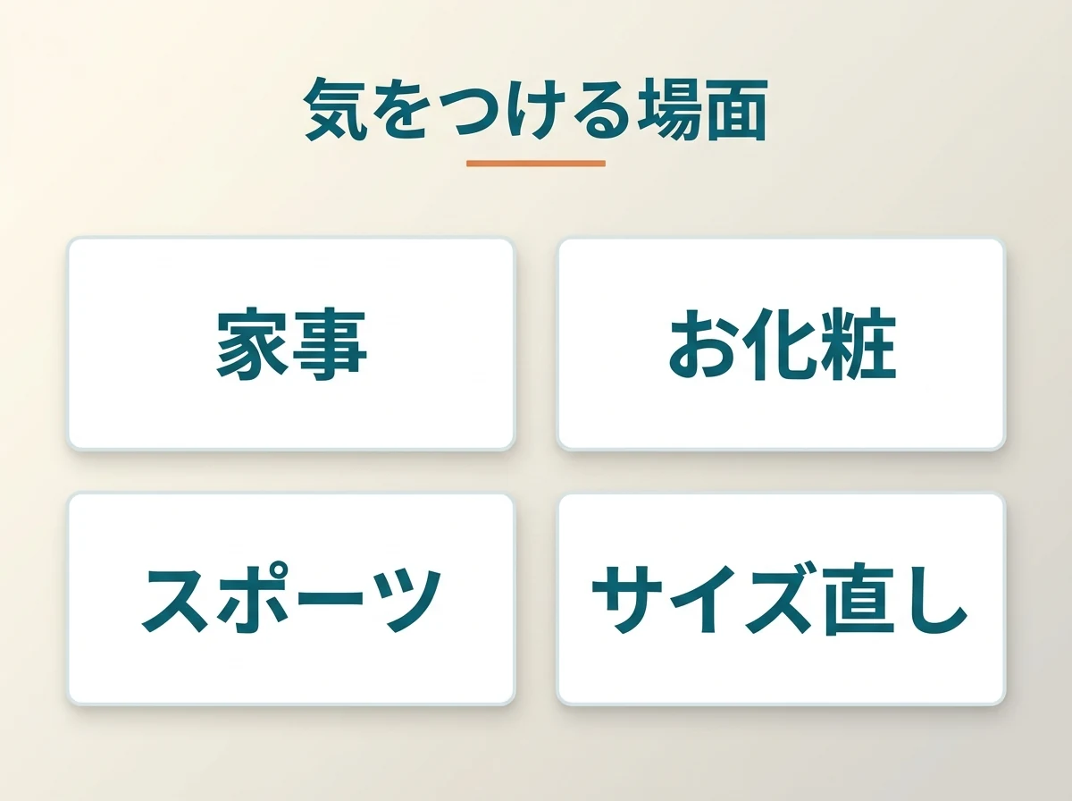 指輪について気をつけたい4つの場面（家事・お化粧・スポーツ・サイズ直し）を並べた図