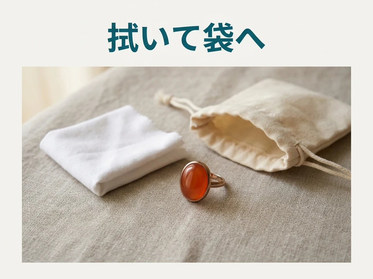 やわらかい布と小さな布の袋の横に置いた、カーネリアンの指輪