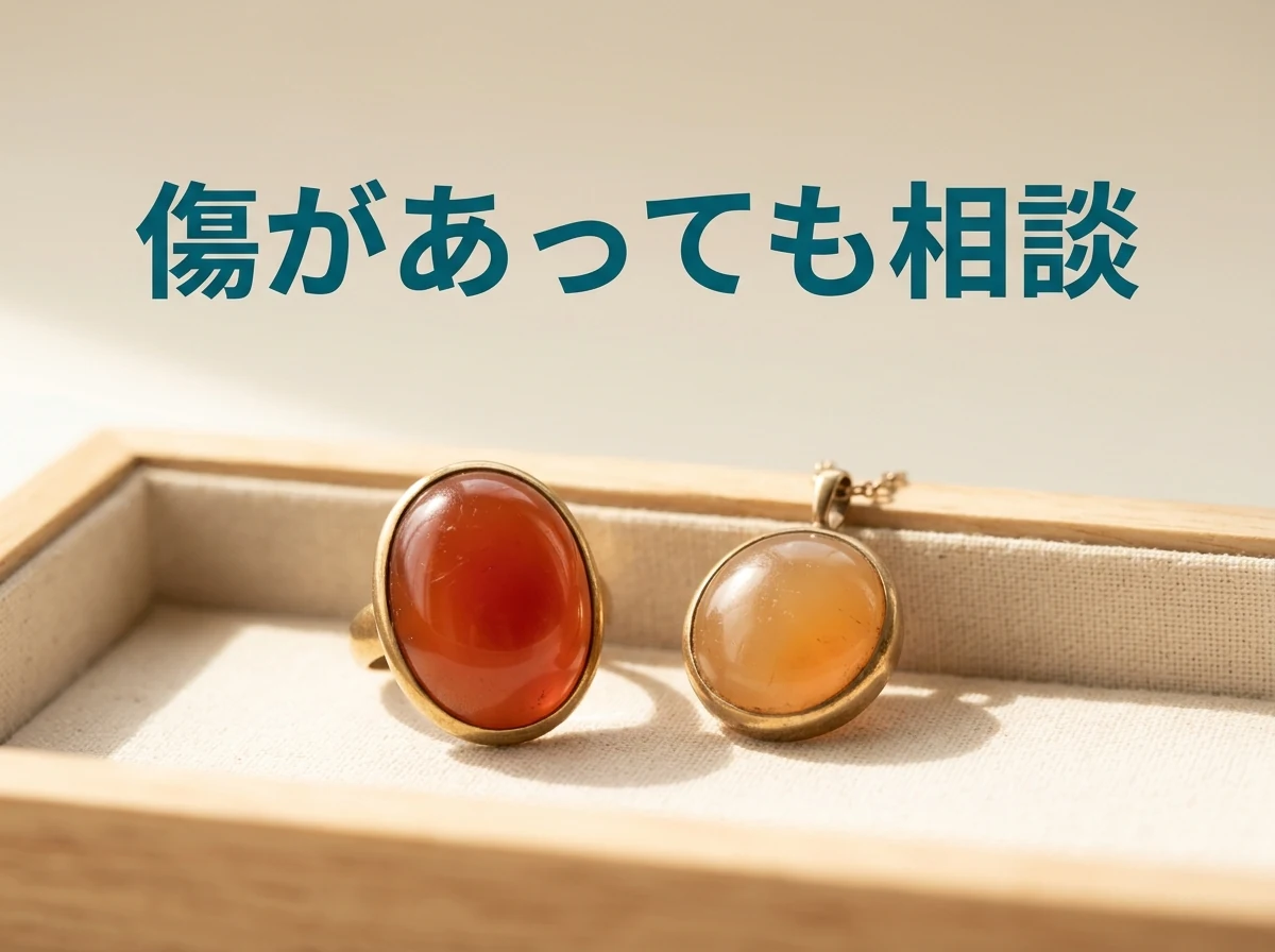 布張りのトレーに並べた、少し色の淡いものを含むカーネリアンの指輪とペンダント