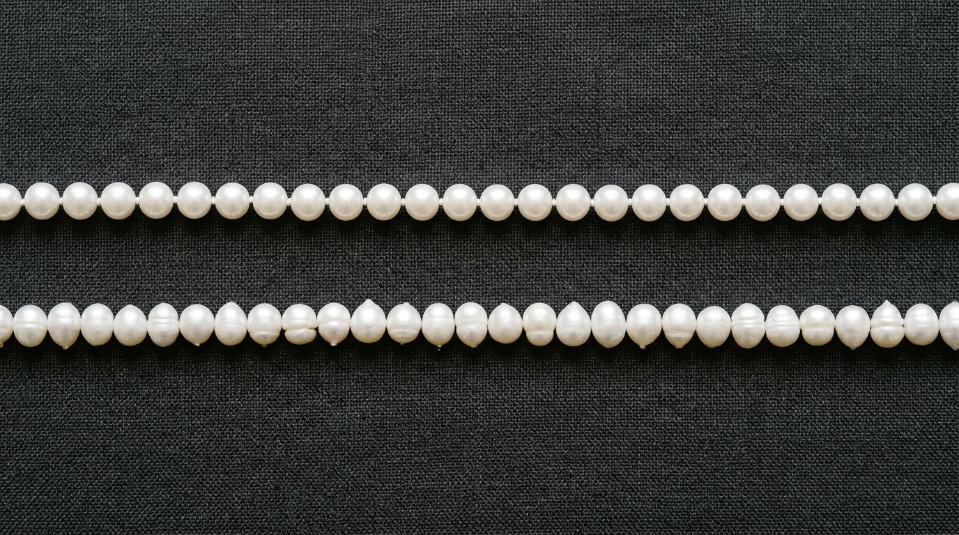 丸い白い真珠の連と、形がいびつな淡水真珠の連を並べて置いた様子