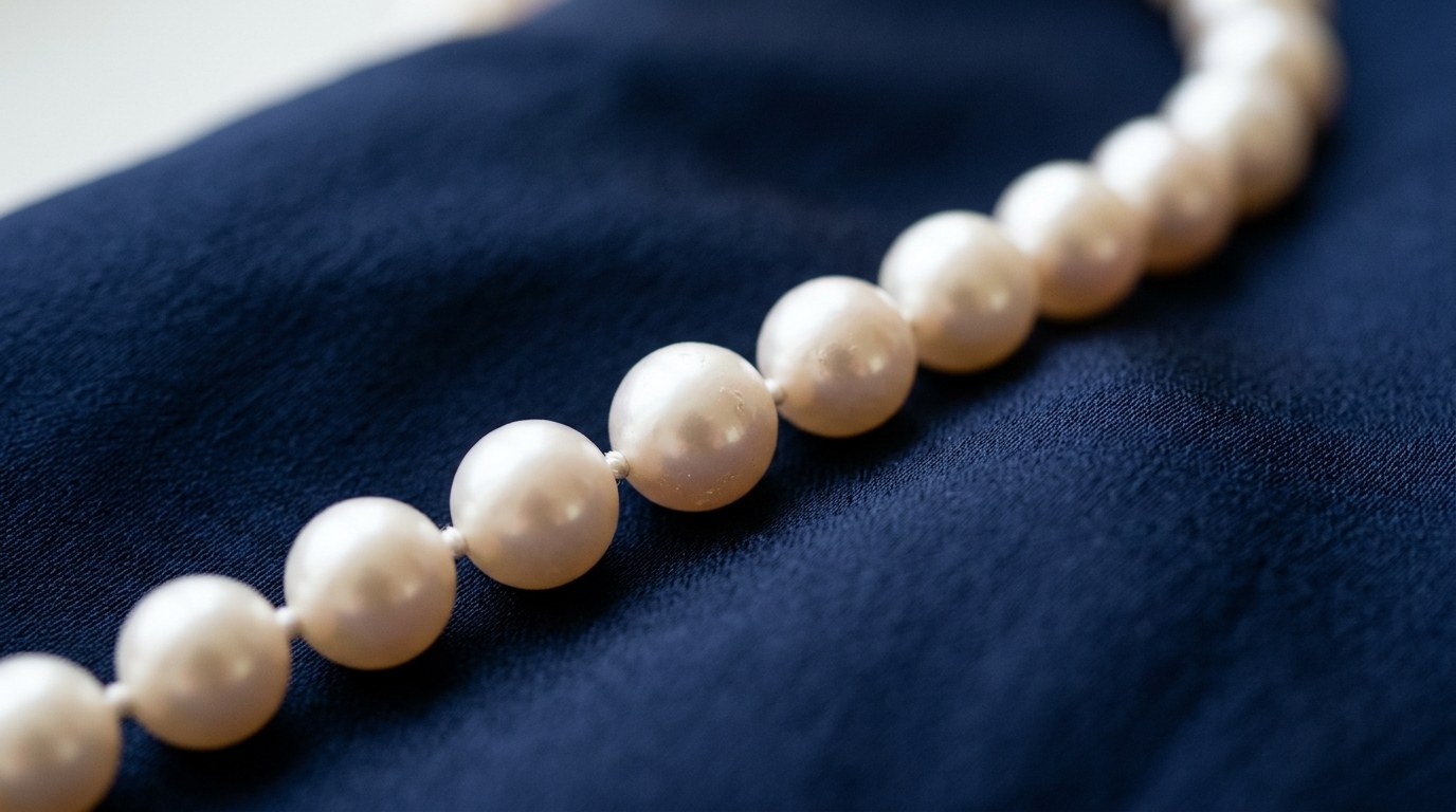 濃い色の布の上に置かれた、白い真珠の連の光沢を近くで写した様子