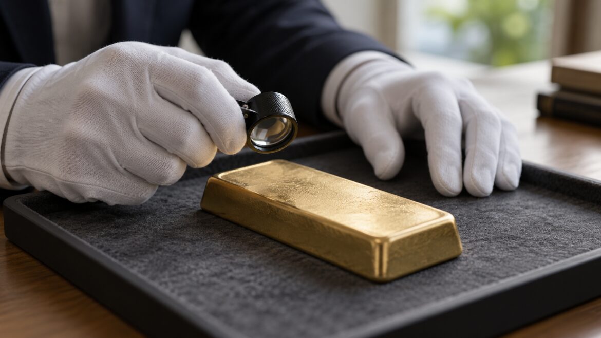 白い手袋をした手が、ルーペで金の延べ棒の表面を確かめている