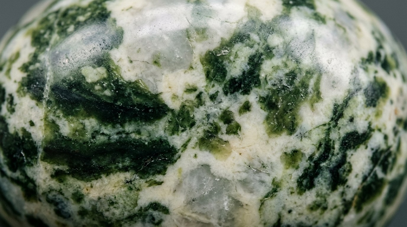 磨かれた石の表面の接写。濃い緑と白い部分がまだらに入り組んでいる