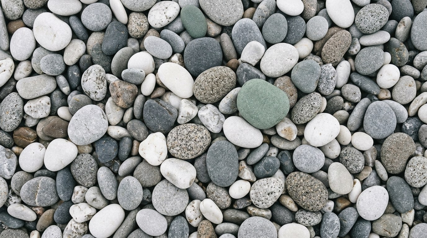 灰色や白の小石が並ぶ中に、緑の小石がひとつだけ混じっている浜辺の足元